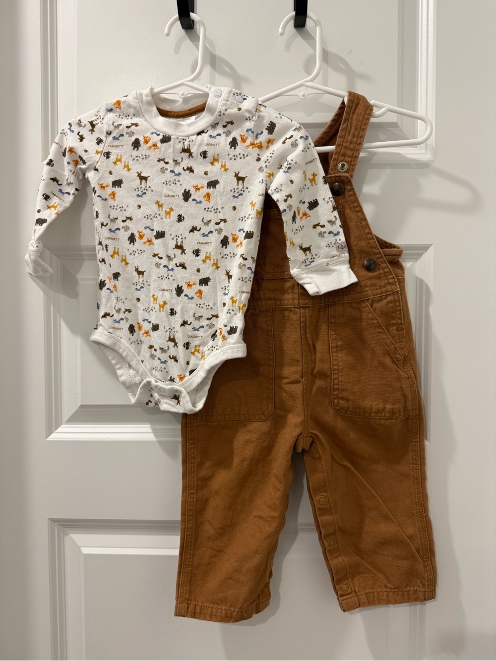 Carhartt Brown Overalls with White Animal-Print Bodysuit